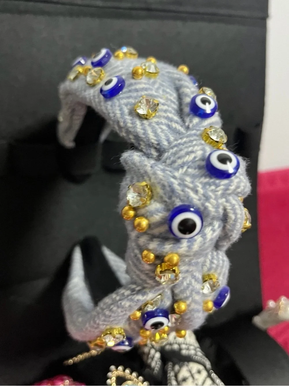 Light Blue Braided Headband with Blue Eye Bead Embellishments